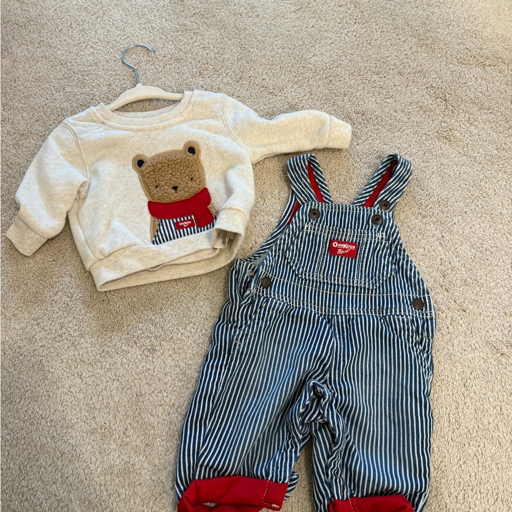 OshKosh B'gosh Blue and White Stripe Overalls with Red Accents & sweater